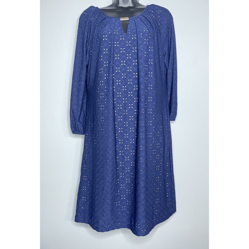 Ronni Nicole Women's Navy Eyelet 3/4 Sleeve Dress  With Gold Front Accent Sz 10